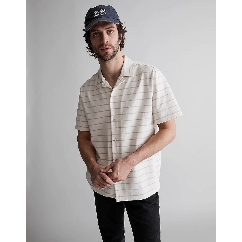 Madewell Men's Knit Easy Short-Sleeve Organic Cotton Button Down Shirt StripeM